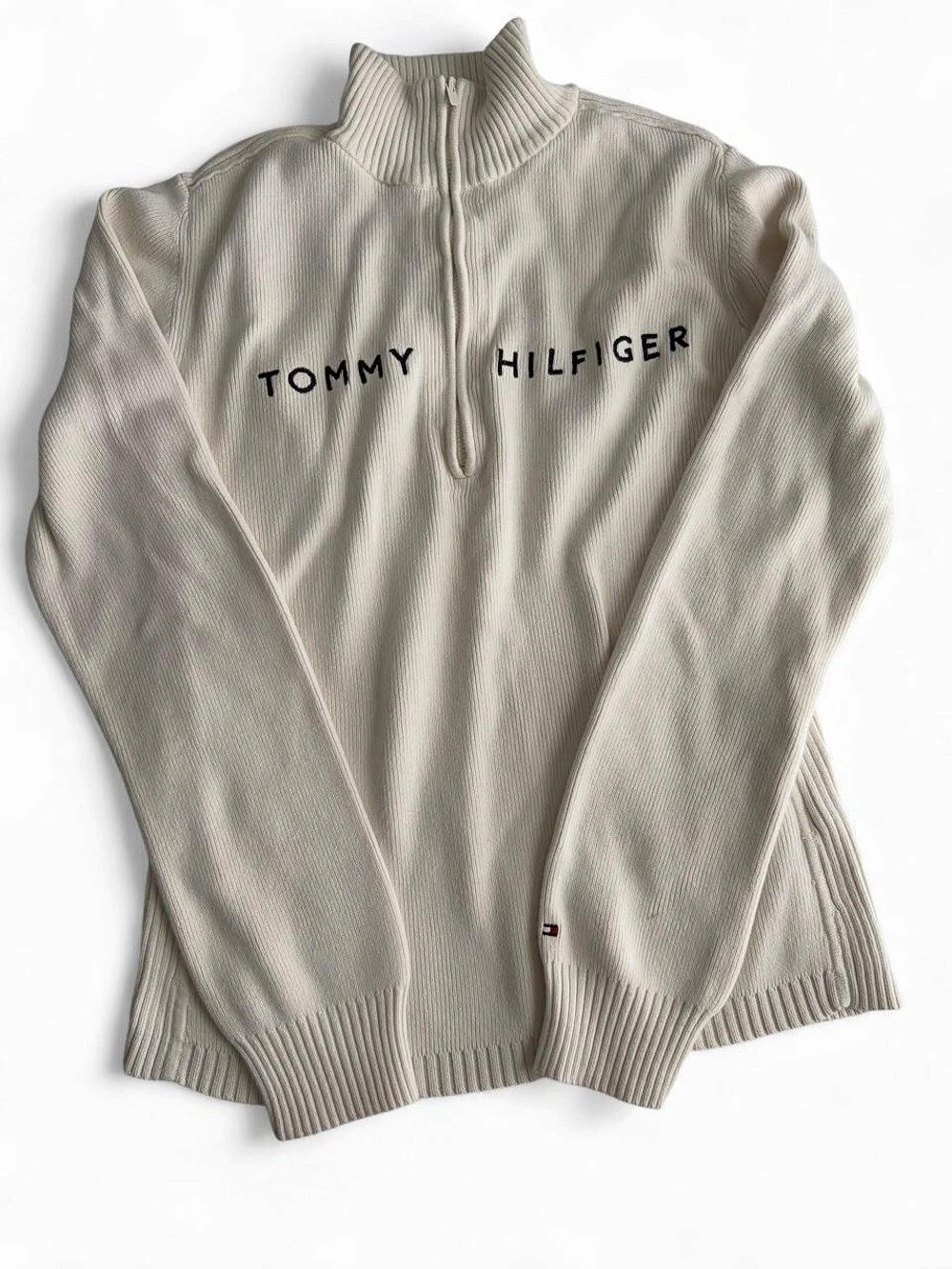Tommy Hilfiger Vintage Ribbed Quarter-Zip Spellout Sweater Knit Cream White